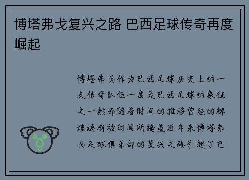 博塔弗戈复兴之路 巴西足球传奇再度崛起